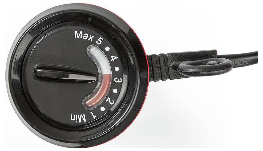 Dial control with settings from 'Min' to 'Max', marked 1 to 5. Arrow points to number 4, connected by a power cord.