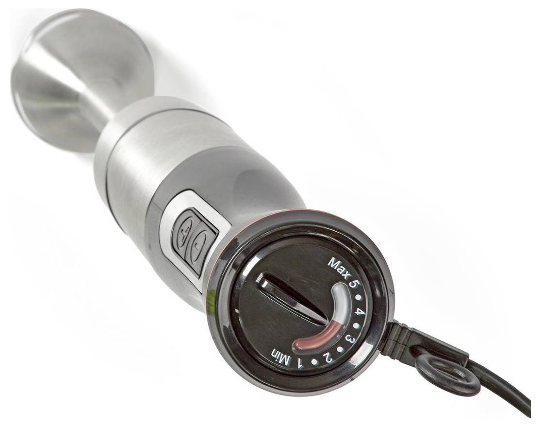 'Stainless steel hand blender with a black control dial showing speed settings from Min to Max, featuring power buttons on the side.'