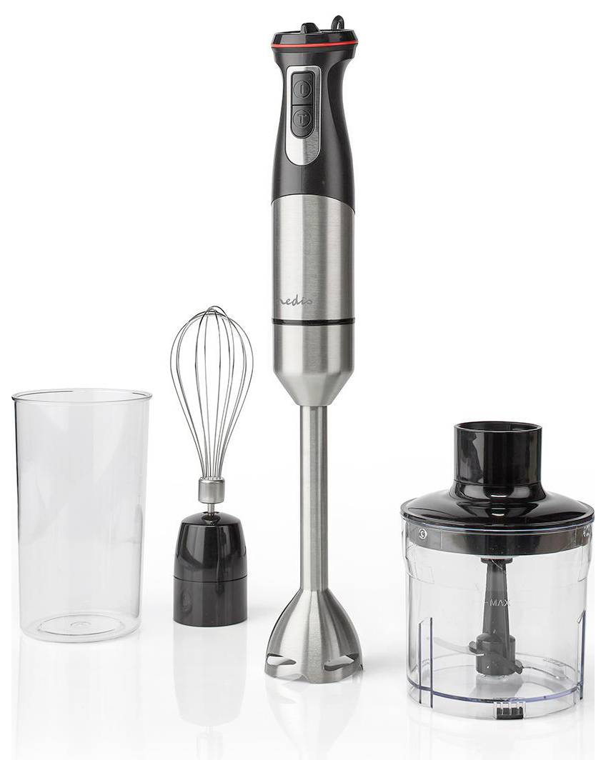Hand blender set with attachments: a tall cup, whisk, and chopper bowl. The main blender has a metallic finish and ergonomic handle.