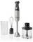 Hand blender set with attachments: a tall cup, whisk, and chopper bowl. The main blender has a metallic finish and ergonomic handle.
