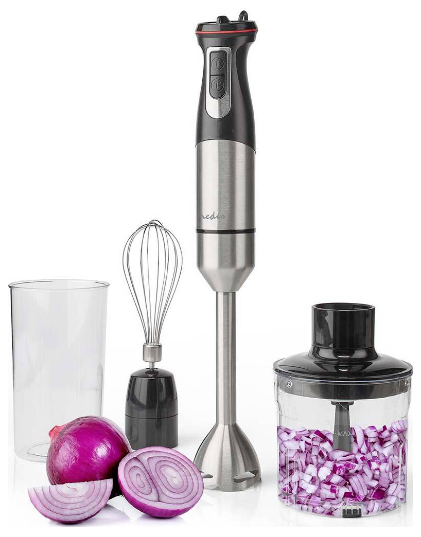 A stainless steel hand blender set with attachments is displayed. Includes a blending wand, whisk, chopper bowl with diced onions, and a mixing cup.