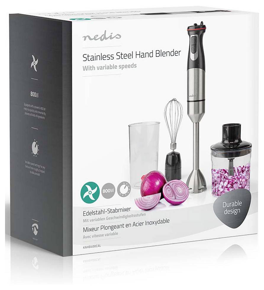 Box packaging for a stainless steel hand blender set, showing the blender, whisk, measuring cup, and chopped onions.