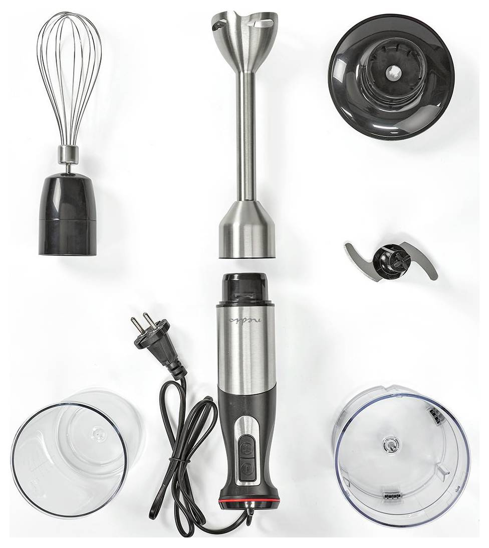 Handheld blender set includes stainless steel blender stick, whisk attachment, chopper blade, lid, and mixing cups.