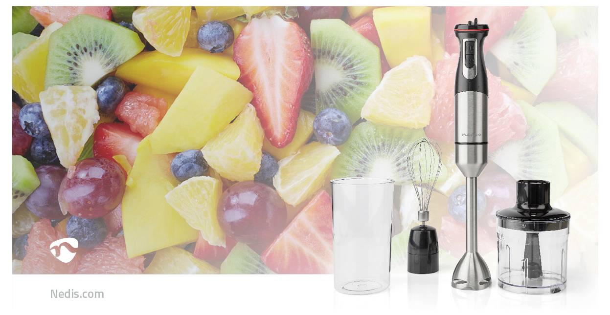'Stainless steel hand blender set with attachments, next to assorted fresh fruits including strawberries, kiwi, and melon slices.'
