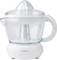 A transparent electric citrus juicer with a handle, featuring a white base and a reamer on top, designed for squeezing fresh juice.