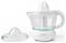 'White electric juice squeezer with transparent jug and lid on a white background.'