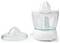 A white citrus juicer with a clear lid and pulp container, placed next to another clear lid, on a white background.