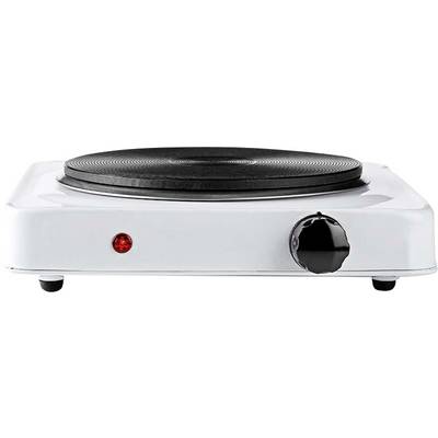 A white single-burner hot plate with a black knob and a red indicator light on the front.