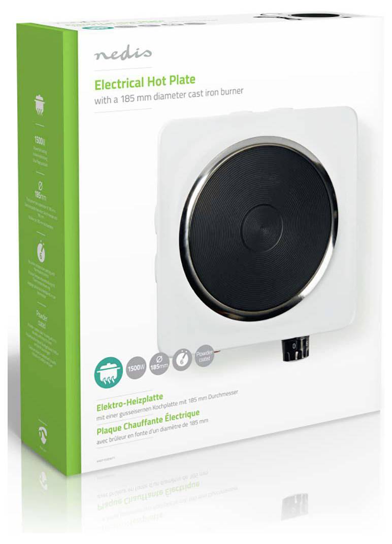 'Nedis Electrical Hot Plate' packaging shows a white hot plate with a 185 mm cast iron burner, power indicators, and product features.
