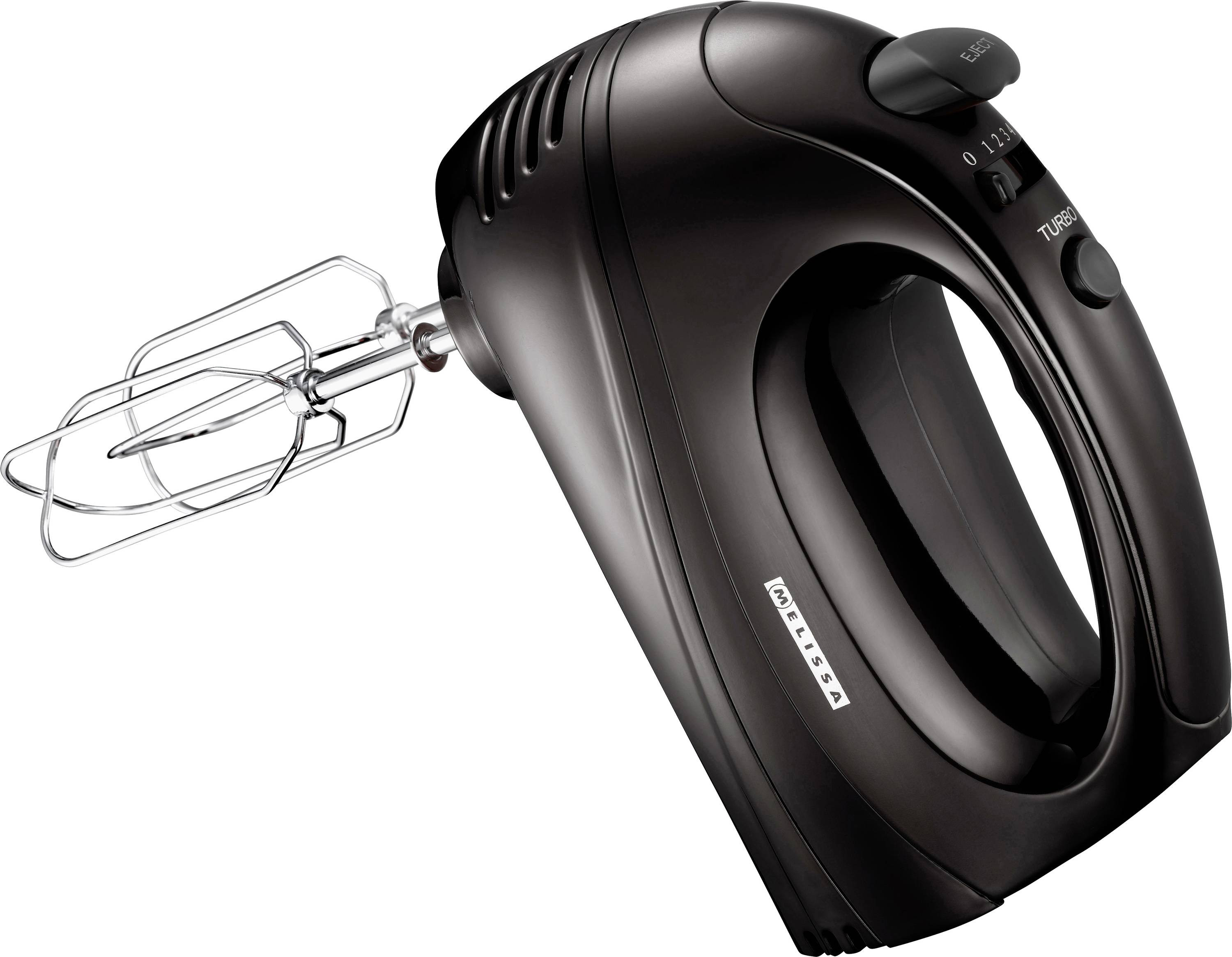 Black hand mixer with stainless steel beaters, ergonomic handle, and adjustable speed settings displayed on a dial on the side.