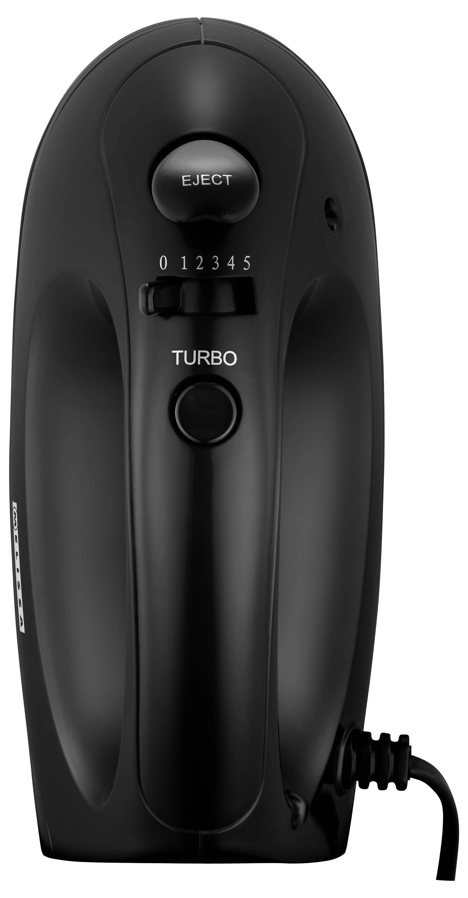 A black electric hand mixer with controls for eject, speed settings ranging from 0 to 5, and a turbo button.