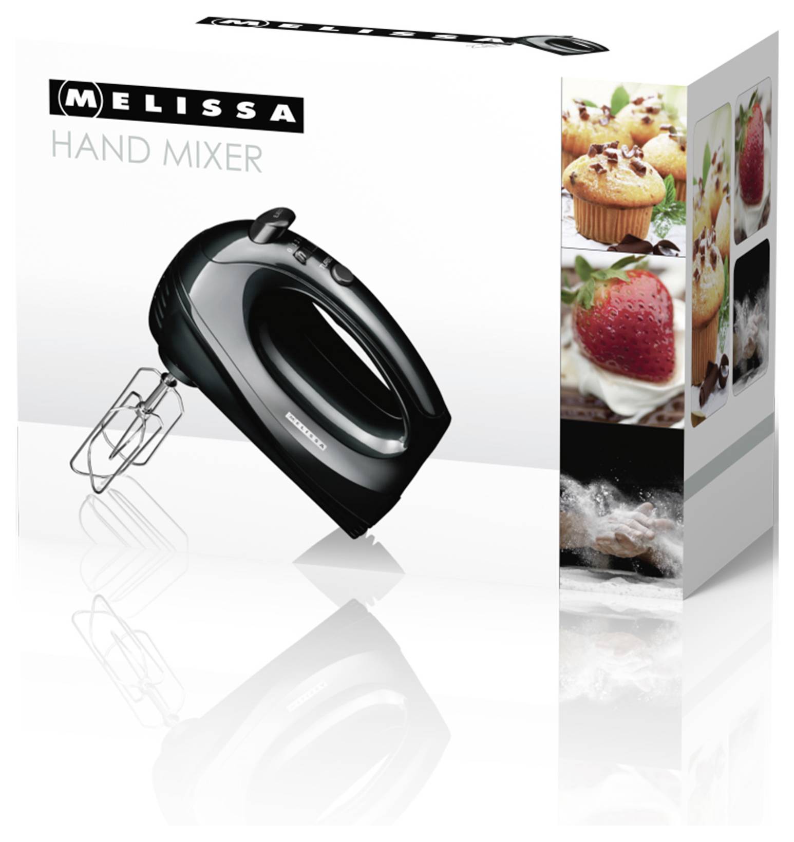 Box showing a black hand mixer with attachments; side images include cupcakes, strawberries, and flour, suggesting baking uses.