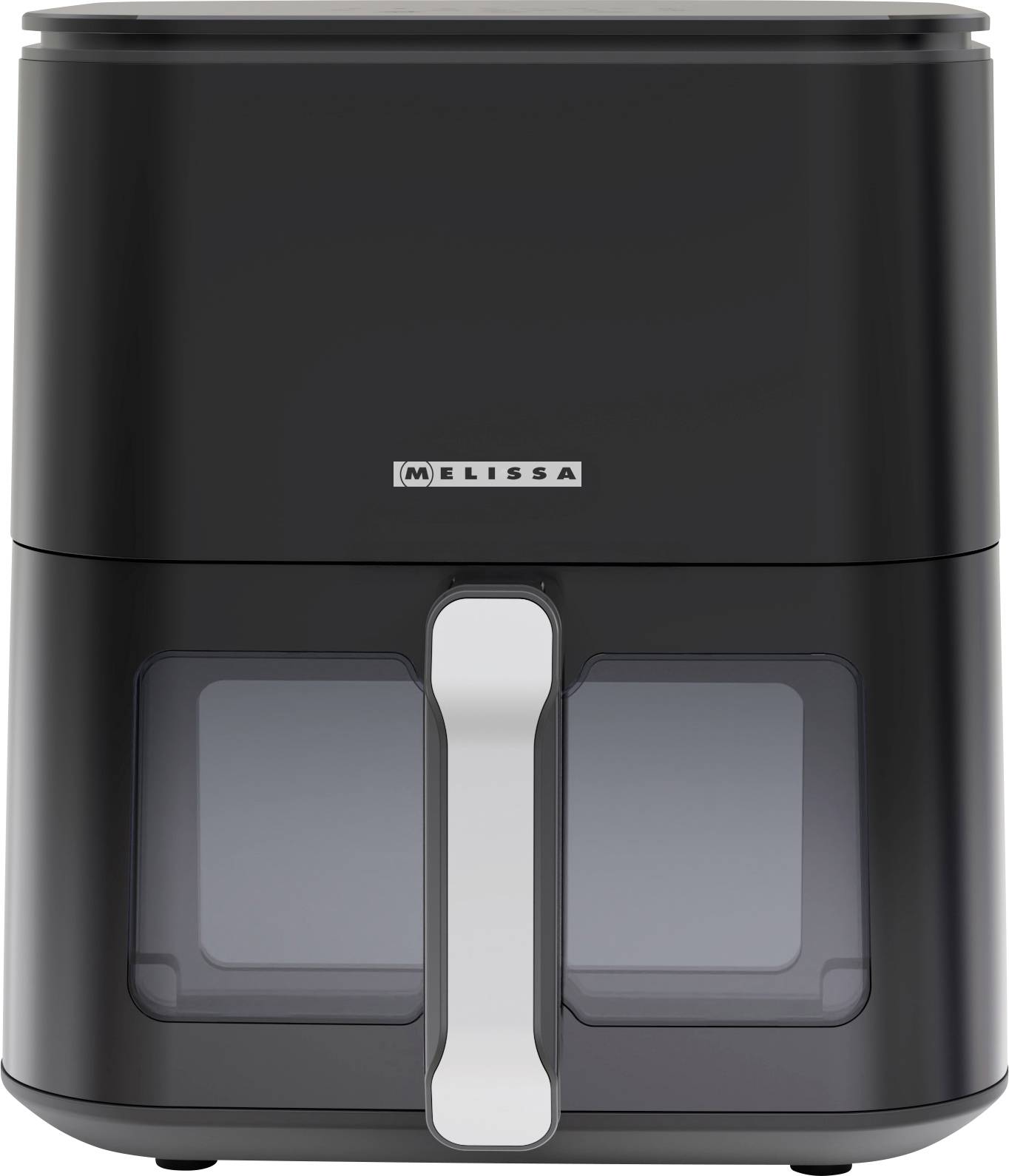 A black air fryer with a transparent lower section and a silver handle, featuring the brand name 'Melissa' at the top center.