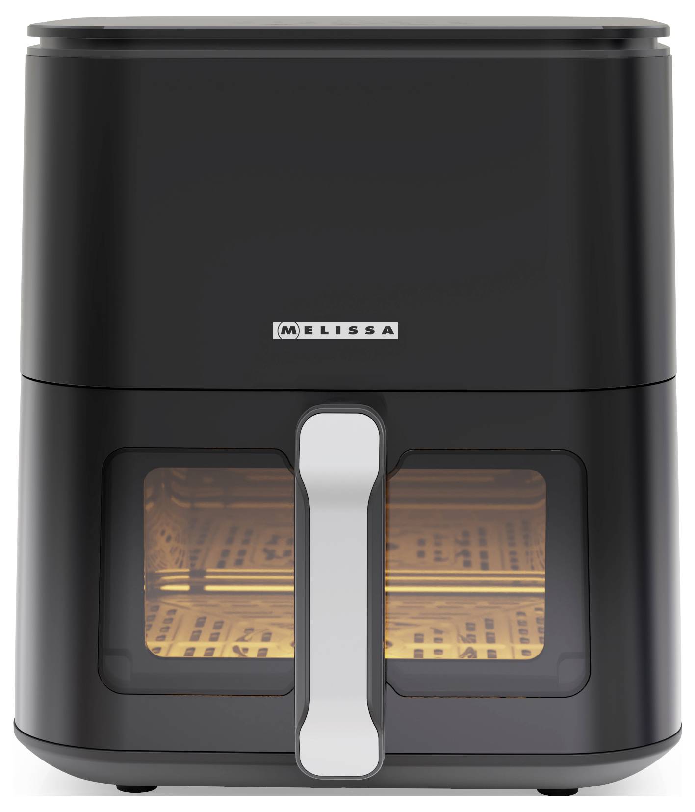 A black air fryer with a windowed door, displaying its internal cooking area. The brand logo is visible on the front.