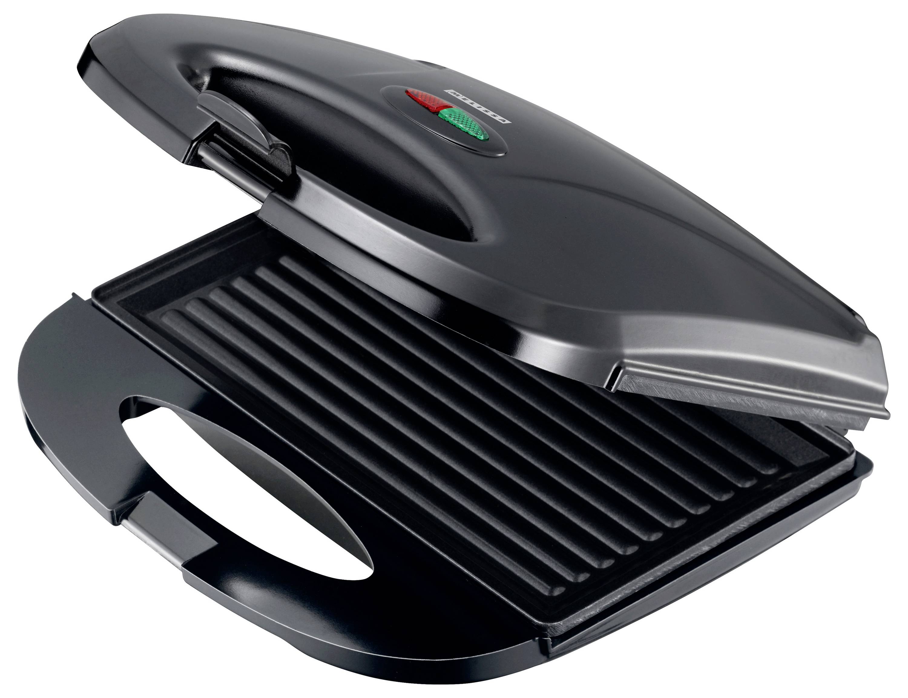 An open black electric grill with a ridged cooking surface and indicator lights on the handle.
