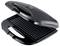 An open black electric grill with a ridged cooking surface and indicator lights on the handle.