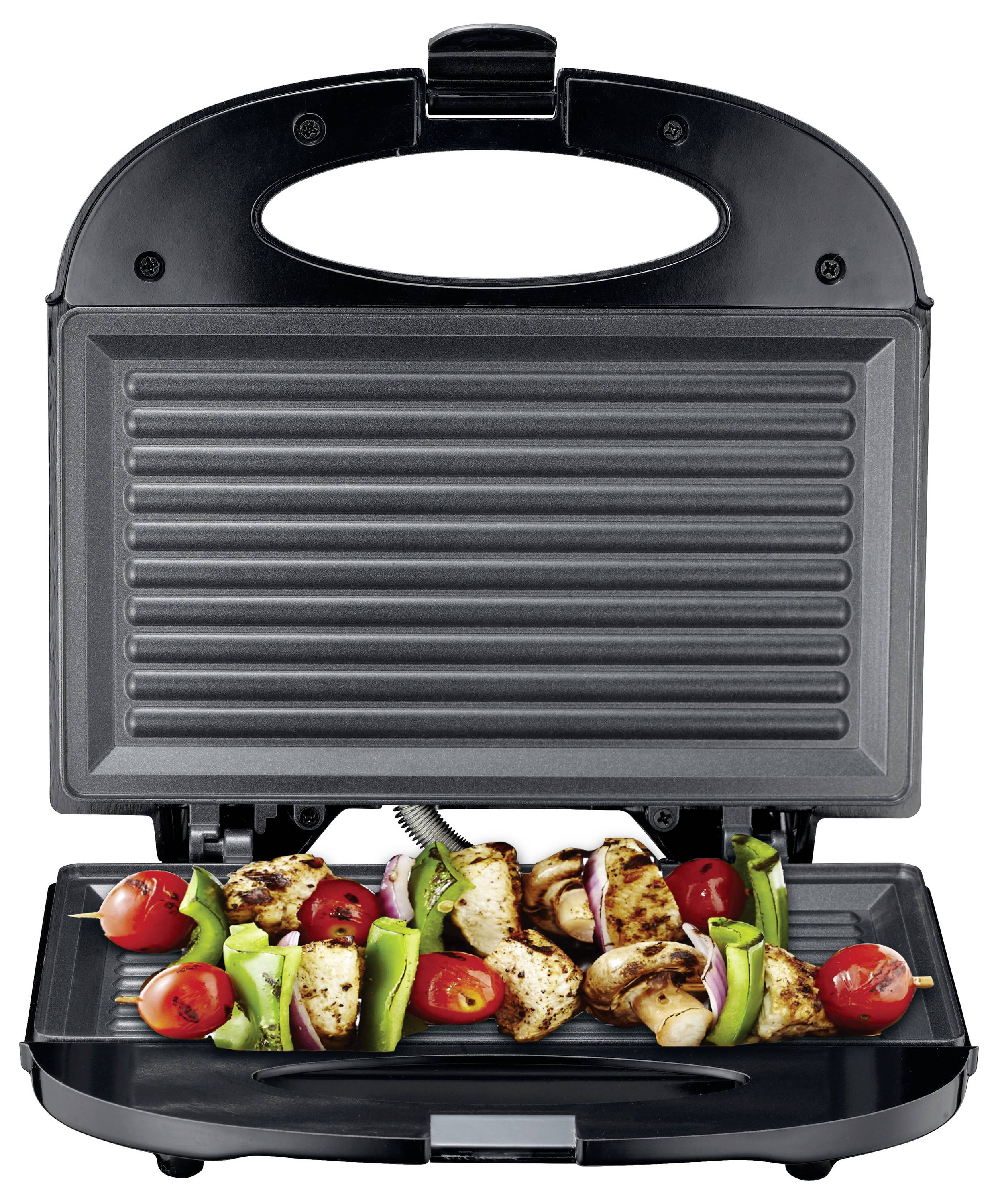 Open electric grill cooking skewers with chicken, cherry tomatoes, bell peppers, mushrooms, and onions.