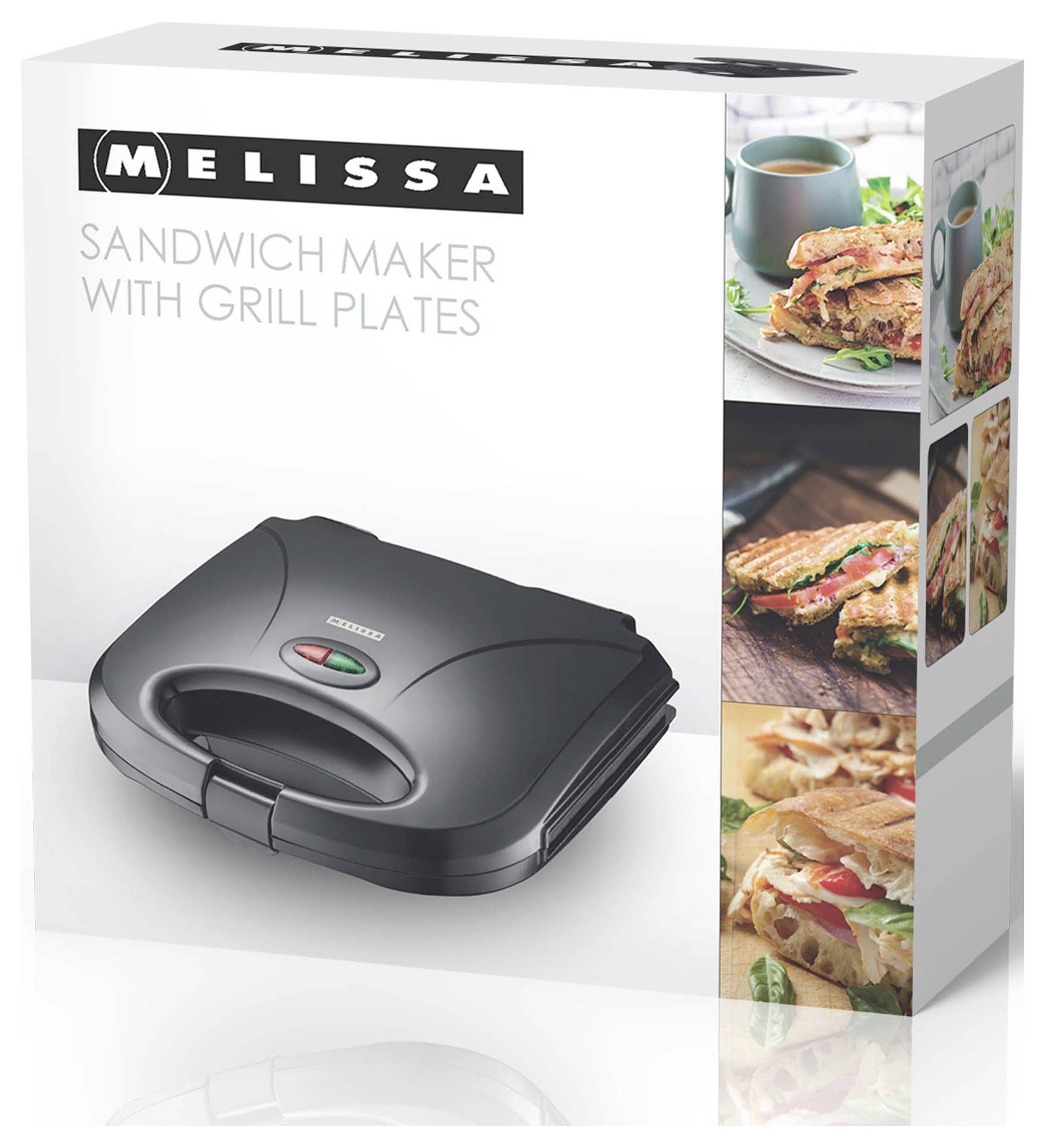 Box of 'Melissa Sandwich Maker with Grill Plates' showing four images of sandwiches and a drink on the side.