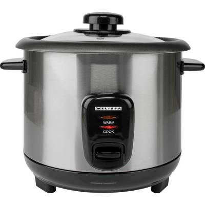 A silver rice cooker with black handles and lid, featuring a control panel with indicators for 'warm' and 'cook' modes.