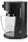A black coffee maker with a glass carafe, featuring a water level indicator on the side and a power button at the bottom front.