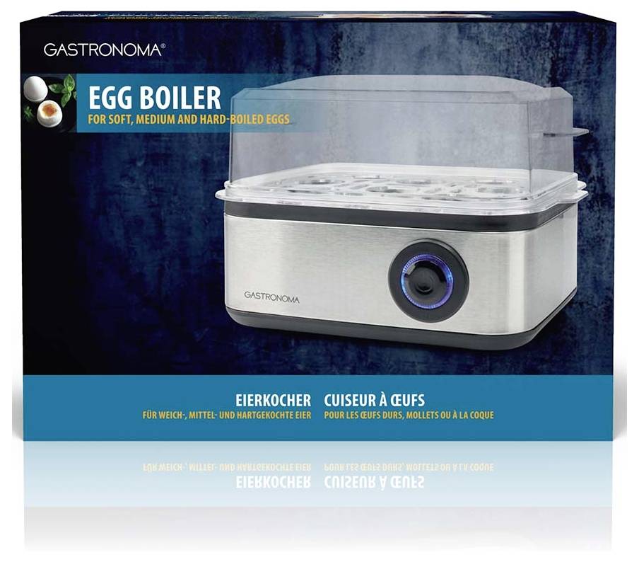 'Egg boiler by Gastronomia for soft, medium, and hard-boiled eggs. Features a metallic design with settings control knob.'