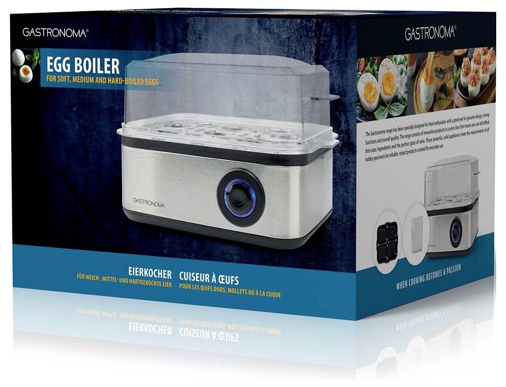 Egg boiler package with image of the product. Text reads 'Egg Boiler for Soft, Medium, and Hard-Boiled Eggs, Easy to Use, Dishwasher Safe.'