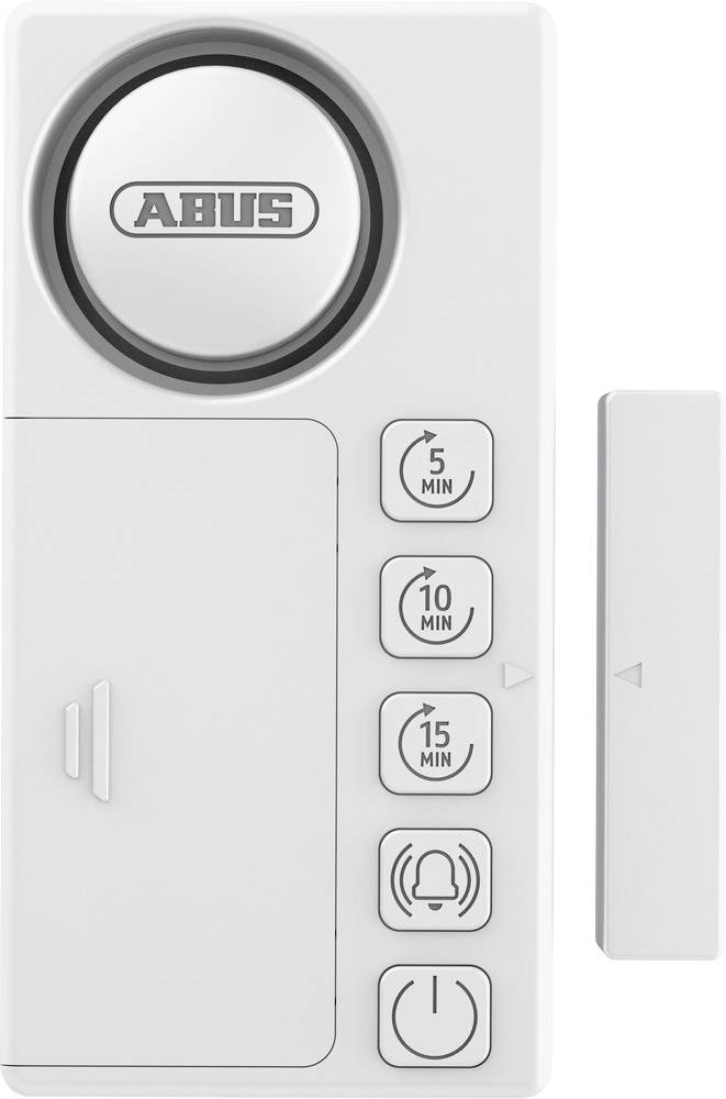 Front view of a white security alarm device with a large circular lock, buttons for '5 MIN', '10 MIN', '15 MIN', a bell symbol, and a power button.