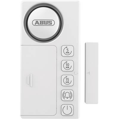 Front view of a white security alarm device with a large circular lock, buttons for '5 MIN', '10 MIN', '15 MIN', a bell symbol, and a power button.