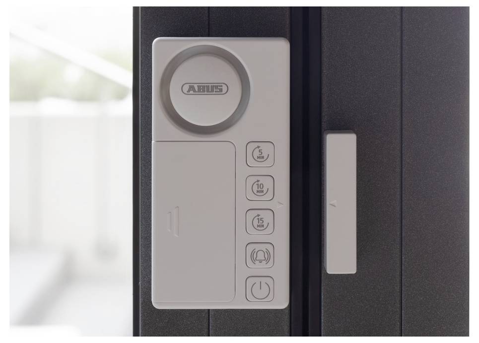 Smart lock attached to a door with buttons for locking settings and power. It includes symbols for locking, unlocking, and user notifications.
