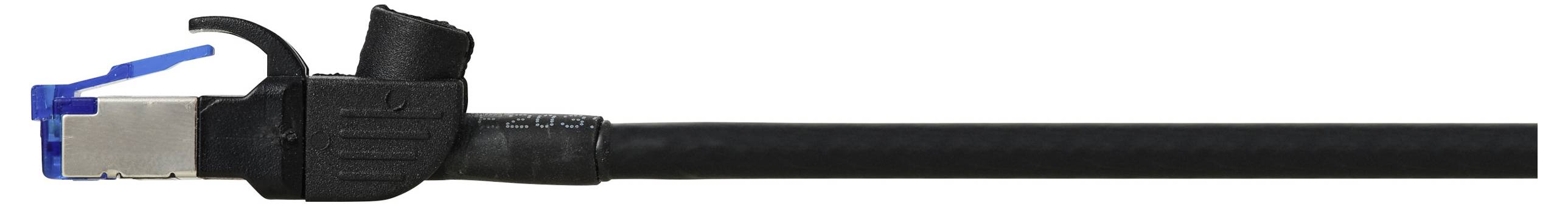 A black Ethernet cable with a metal connector and a small blue latch is shown on a white background.