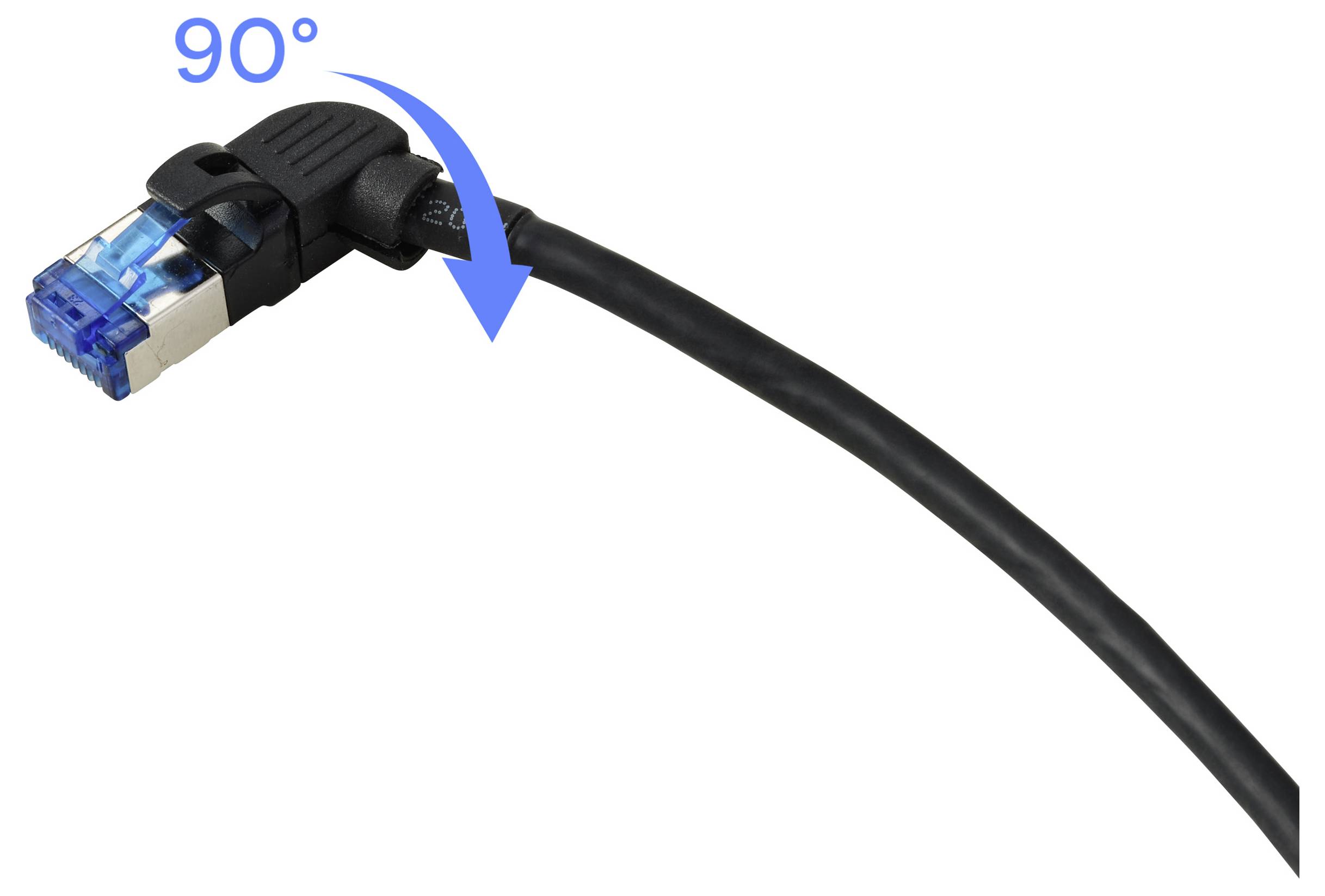 An Ethernet cable with a blue connector bends at a 90-degree angle, indicated by a blue arrow.