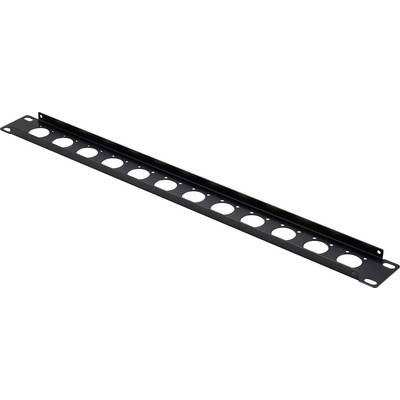 Black metal rack panel with multiple round vent holes and mounting holes on both ends.