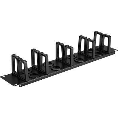 Black metal rack with five pairs of upright holders and circular cutouts, used to store or organize items on a shelf or table.