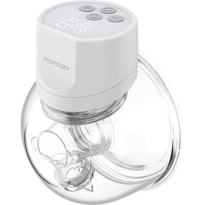 A portable breast pump featuring a digital display with buttons for settings, enclosed in a transparent container for milk collection.