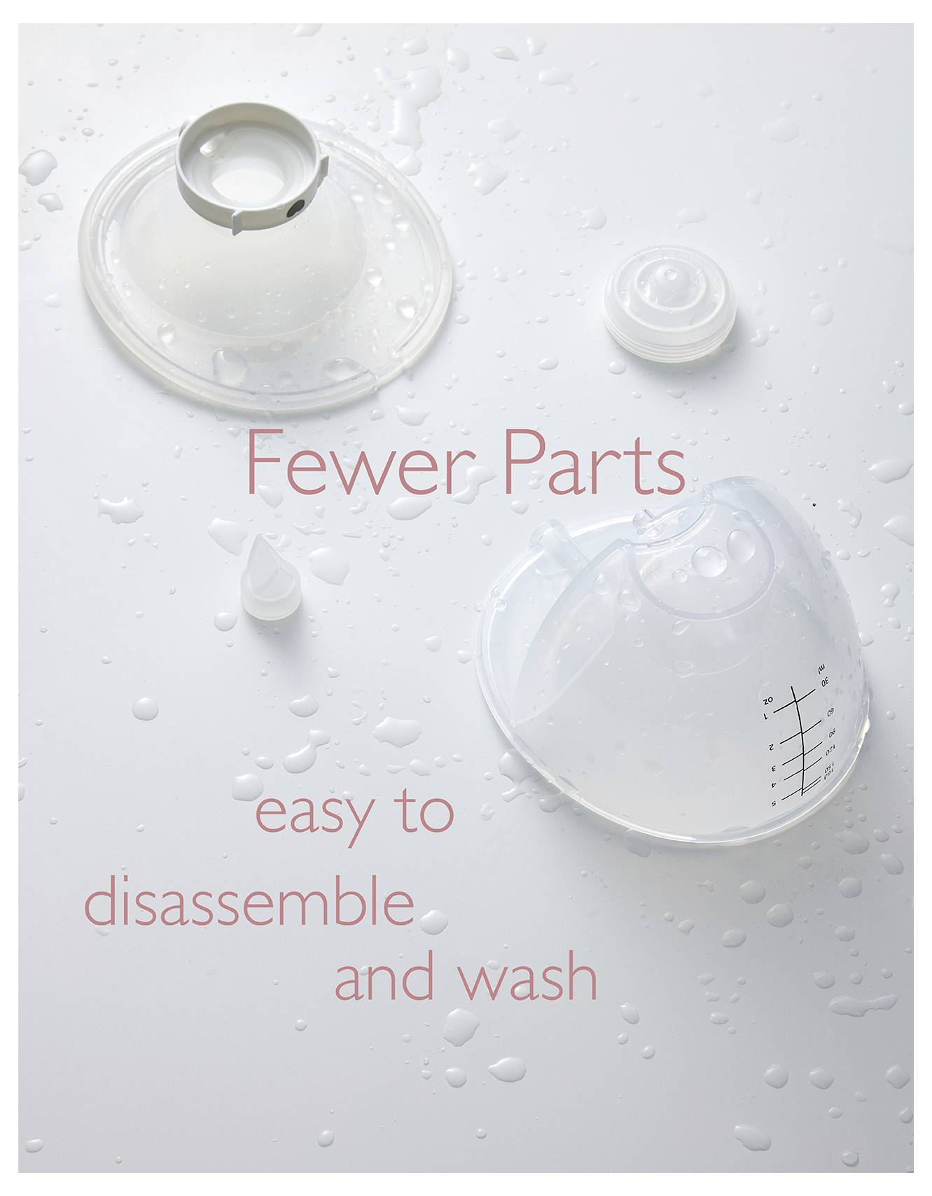'Fewer Parts. Easy to disassemble and wash.' An image of breast pump parts scattered on a wet surface, highlighting simplicity.