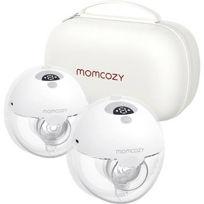 'Momcozy' breast pumps set with protective carrying case. White design features clear lower casing and digital display on top. Designed for comfort and portability.