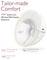 Breast pump advertisement highlighting 'Tailor-made Comfort' with 360° gentle care. Features include 105° fit, lightweight at 225g, and double-sealed flange.