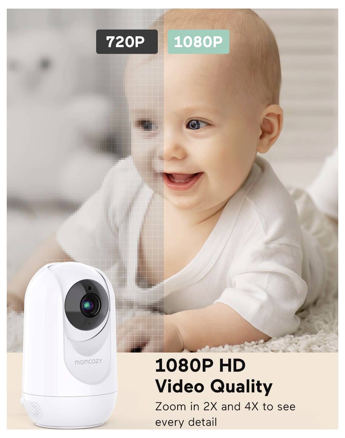 A baby in a white outfit is partially shown alongside a security camera. Text reads '1080P HD Video Quality' and '720P' vs. '1080P' comparison.