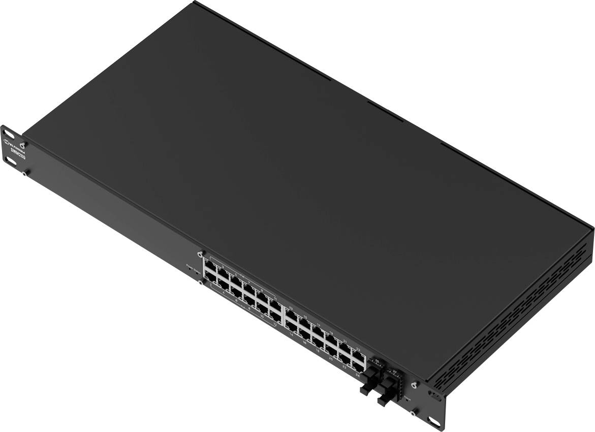 A black, rectangular network switch with multiple Ethernet ports on the front, mounted in a standard rack unit.