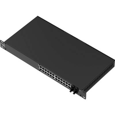 A black, rectangular network switch with multiple Ethernet ports on the front, mounted in a standard rack unit.