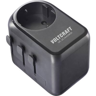 A black VOLTCRAFT UC-2CIA-45W01 plug adapter with multiple ports on the side, designed for international power use.