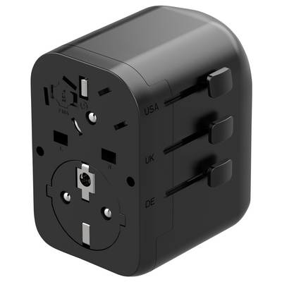 A black travel adapter with plug options for USA, UK, and DE, showing interchangeable prongs suited for different country outlets.