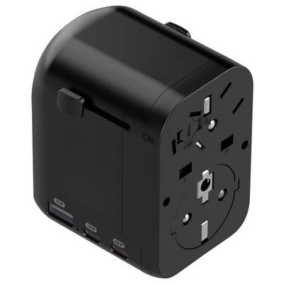 A black universal travel adapter with multiple plug configurations and voltage indicators, suitable for use in different countries.