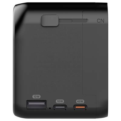 A black charging adapter with three ports: a 10W USB, a 10W USB-C, and a 45W USB-C port.