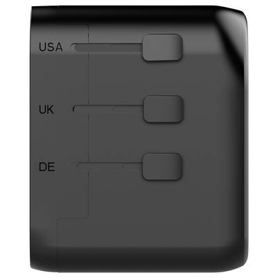 A black universal travel adapter with sliders labeled 'USA,' 'UK,' and 'DE' for selecting the appropriate plug type.