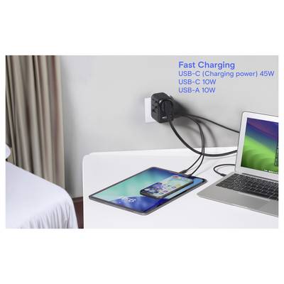 A tablet and laptop are connected to a power strip with cables. Text reads: 'Fast Charging USB-C 45W, USB-C 10W, USB-A 10W.'