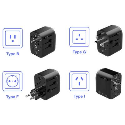 Universal travel adapter showing different plug types: Type B, F, G, and I with corresponding visual symbols and adapters.