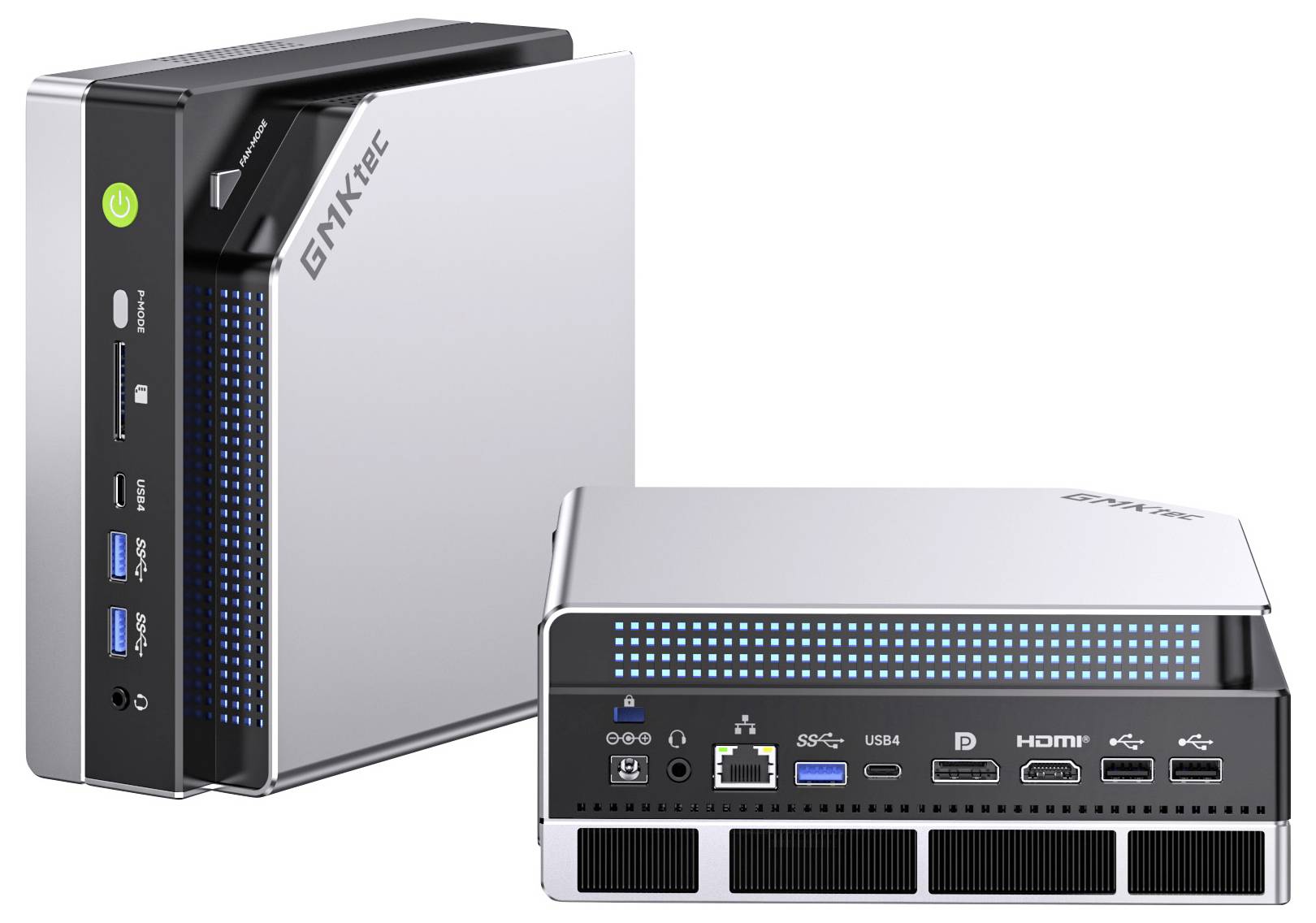 Two mini desktop computers; one upright, showing power button and USB ports; the other horizontal, displaying HDMI, USB, and network ports.