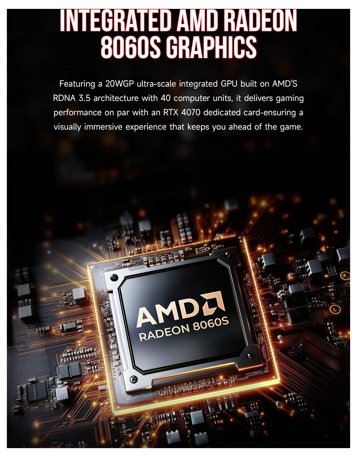 'Integrated AMD Radeon 8060S Graphics' text above an image of a GPU chip. Text highlights performance details and gaming benefits.