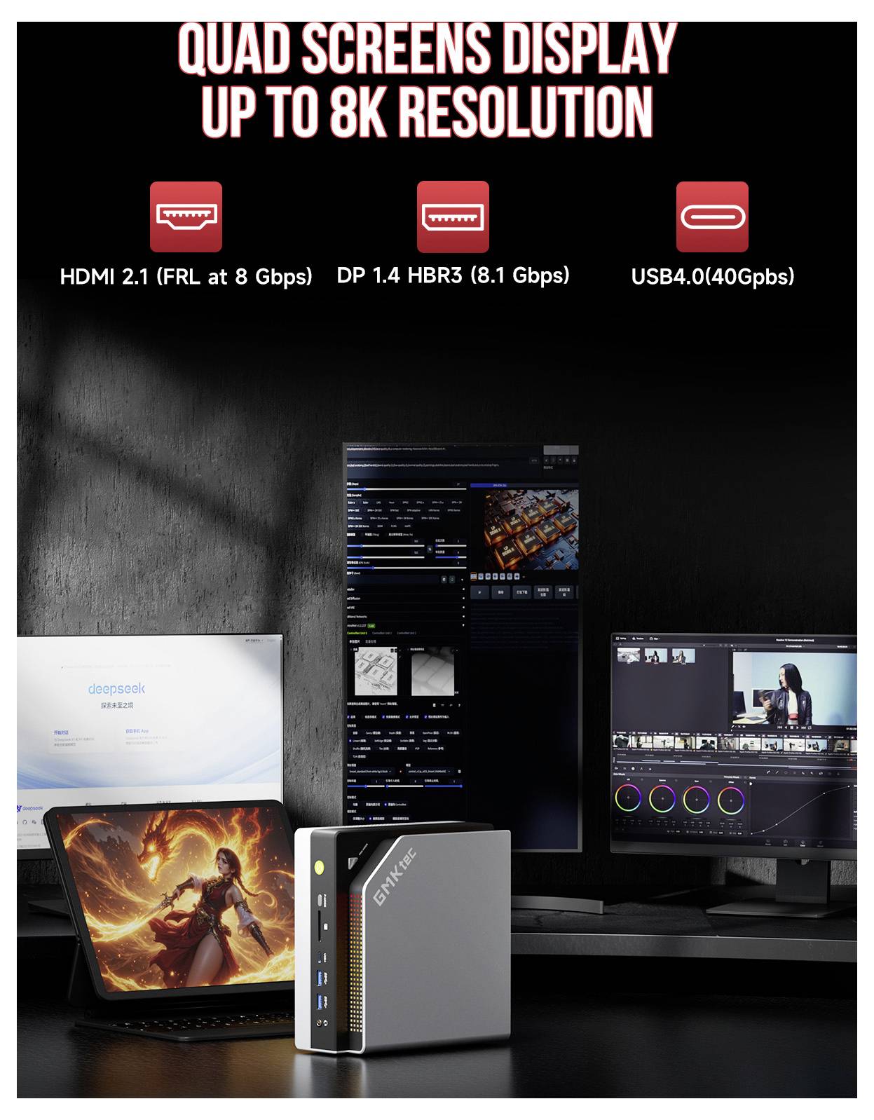 'Quad screens display up to 8K resolution' text at top. Below, monitors, a laptop, and a monitor hub are shown. HDMI 2.1, DP 1.4, and USB4.0 ports are highlighted.